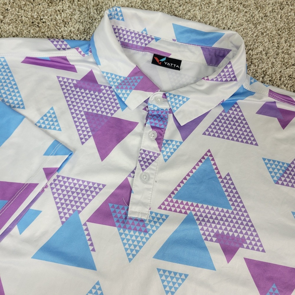Yatta‎ Golf Mens Large White AOP Geometric Performance Stretch Polo Short Sleeve